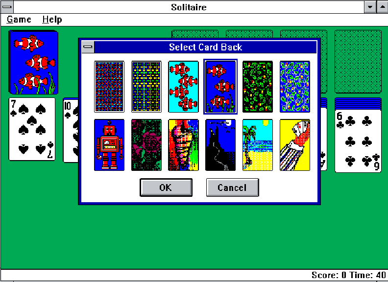 Original Windows 3.0 Solitaire card back designs including Robot and Castle