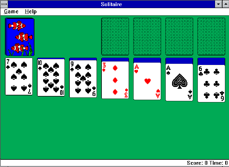 Solitaire game board setup showing Tableau and Stockpile on Windows 3.0